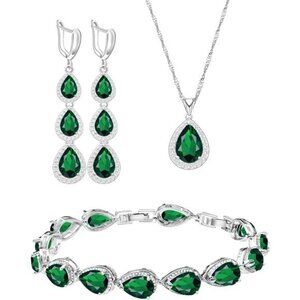 Necklace Long Earrings Bracelet Set, White Gold Plated Created Blue Sapphire